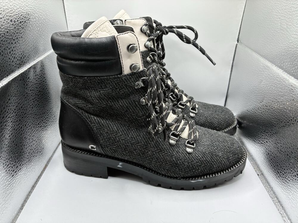 Coach Lorren 6.5 Charcoal Wool Leather Lace Up Hiker Combat Boots Lug Sole Gorp